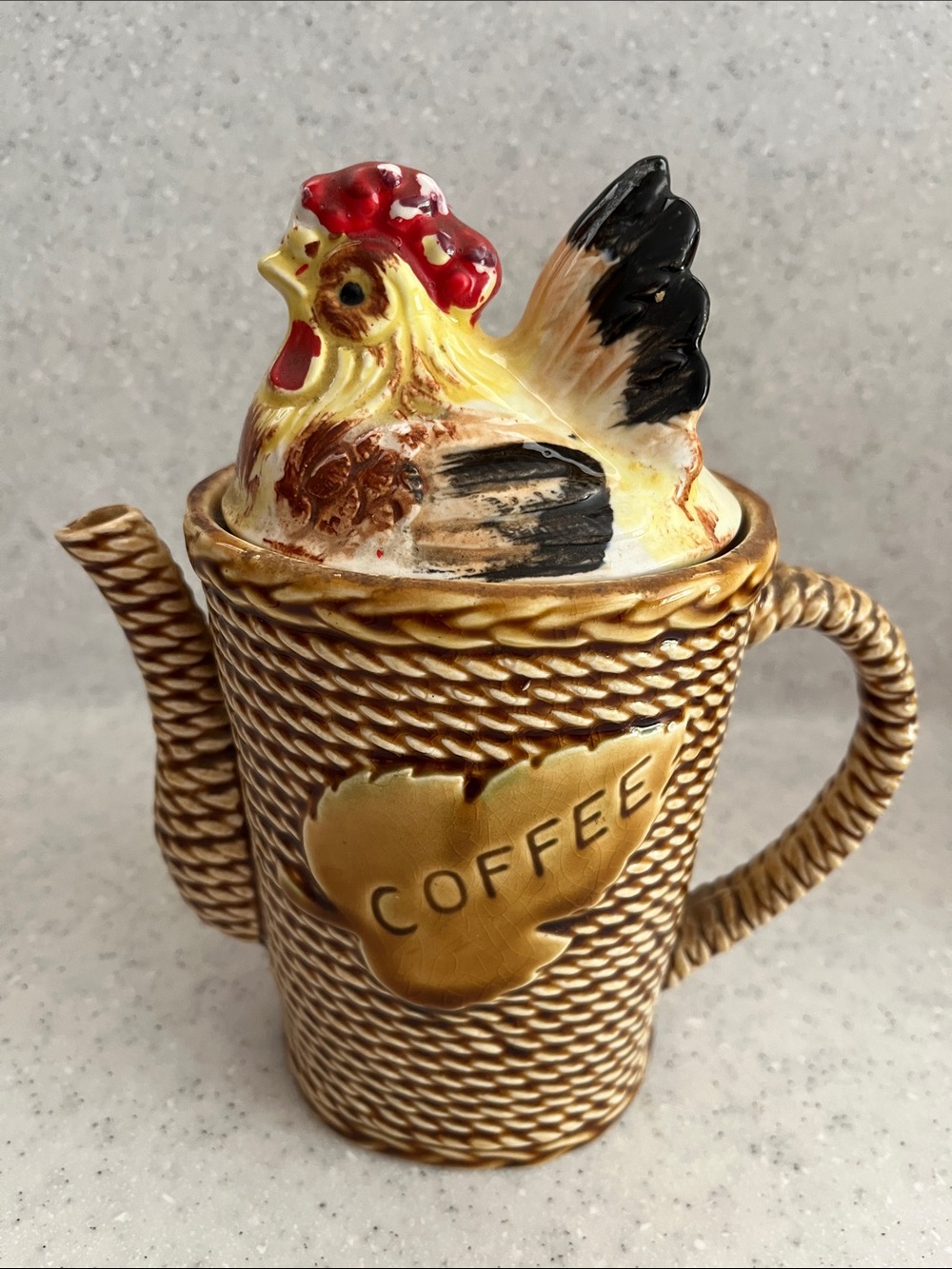 Vtg Rossini Ceramic Hen Chicken Lid On Basket Coffee Pot Japan Farmhouse Grandma